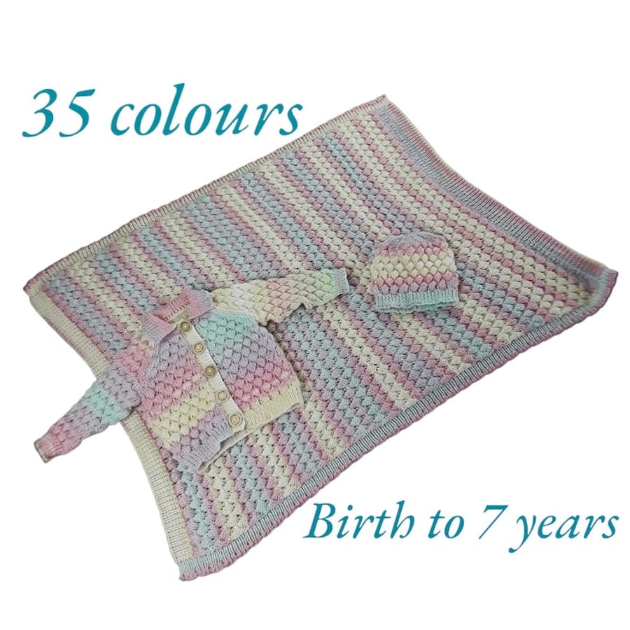 Hand Knitted Baby and Child's Set, Hat, Cardigan, Blanket, Choose your colour