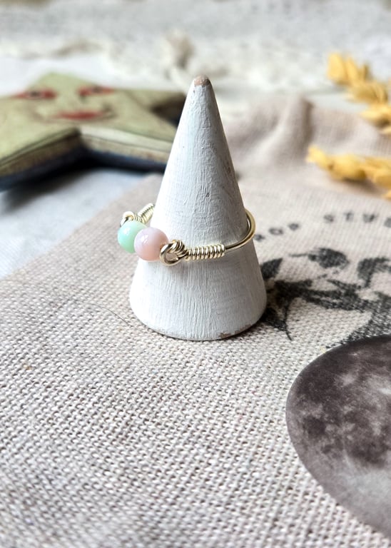 Opal Ring - Pastel Pink and Blue Opal Gemstone Beaded Ring, Aquarius gift 