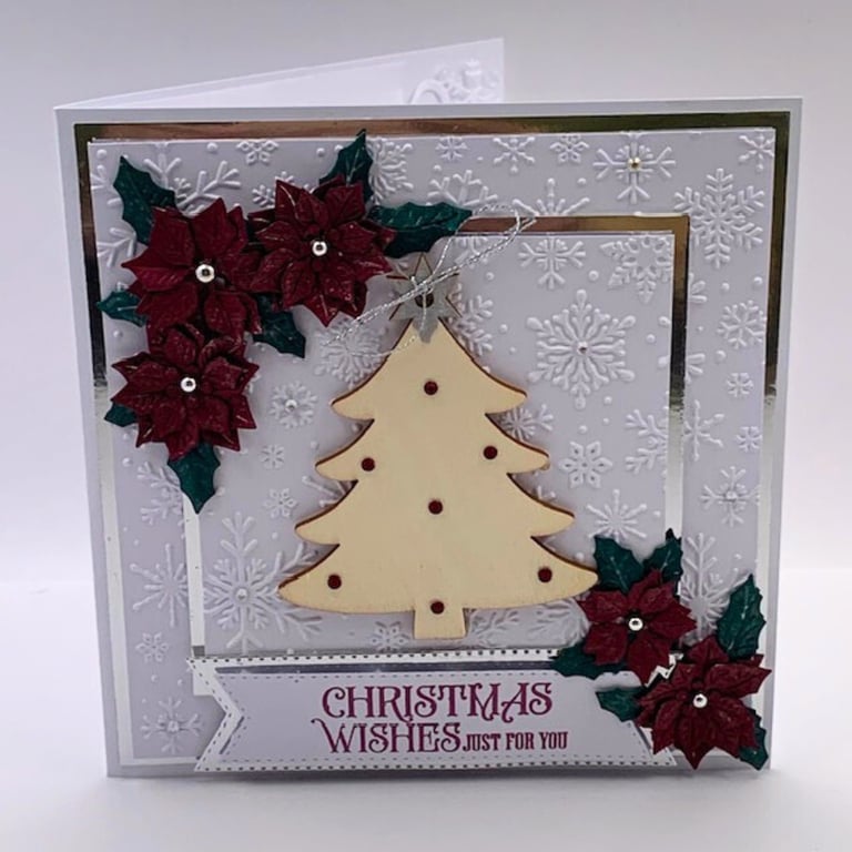 Luxury Handmade Christmas Card - Christmas Tree & Poinsettias, Boxed Keepsake