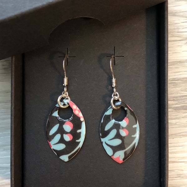 Decoupage and enamel scale earrings. Sterling silver. 