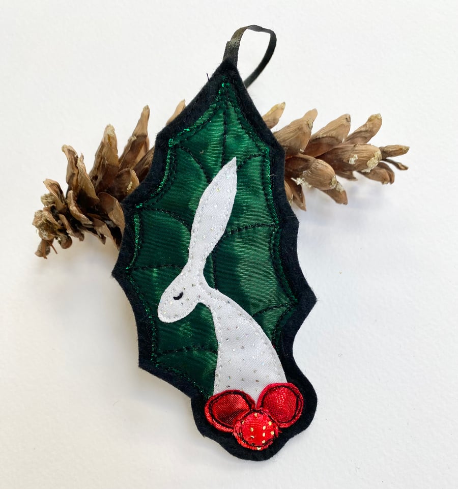 Upcycled embroidered holly leaf and berries hare home decoration. 