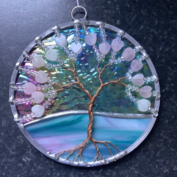 Rose quartz heart bead tree of life suncatcher
