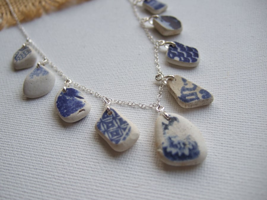 Scottish sea pottery necklace, beach pottery jewellery, blue petite 18"
