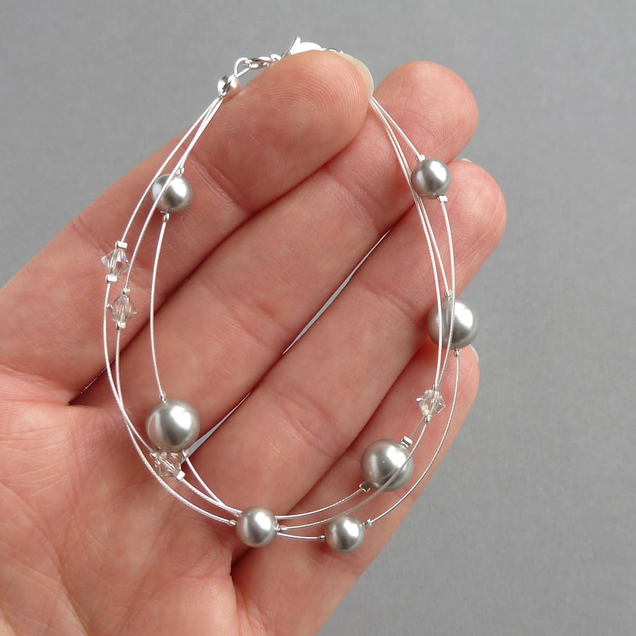 Silver Grey Floating Pearl Bracelet - Light Grey Bridesmaid Jewellery - Wedding