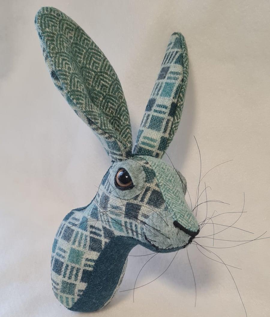Faux hare head wall mount in minty teal green Abraham Moon fabric- Minty McGinty