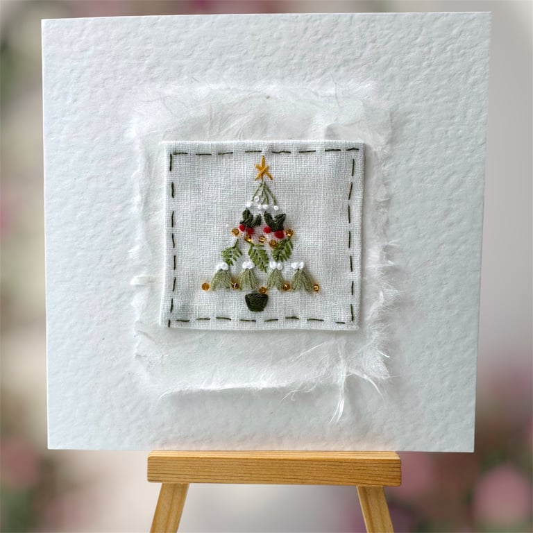 Hand embroidered Christmas card. Holly, mistletoe tree picture. Luxury, unique