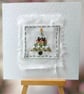 Hand embroidered Christmas card. Holly, mistletoe tree picture. Luxury, unique