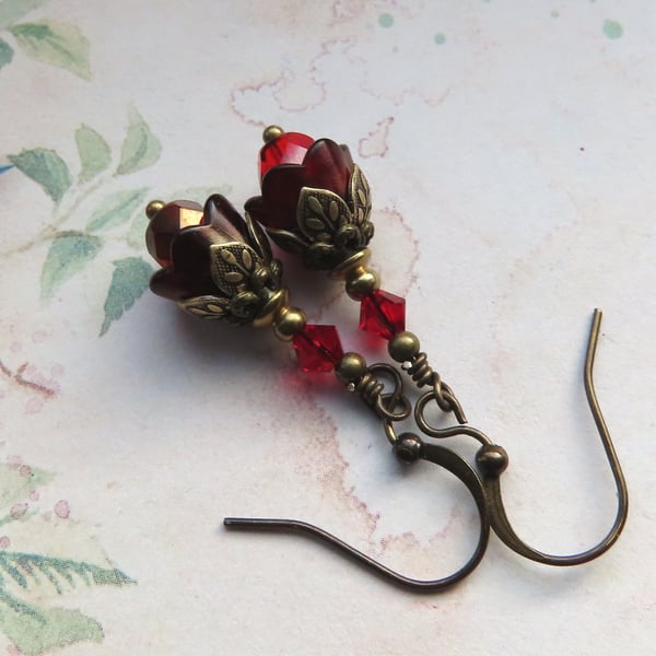Dark Red Pixie Cup Small Hand Painted Lucite Flower Earrings