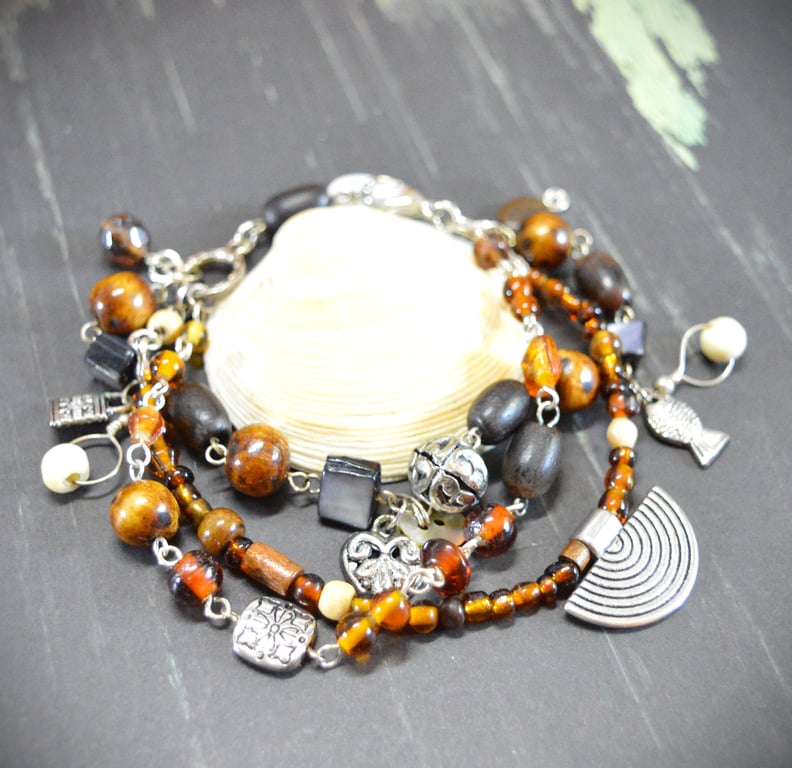 "Isis" Boho Layered Beaded Charm Bracelet