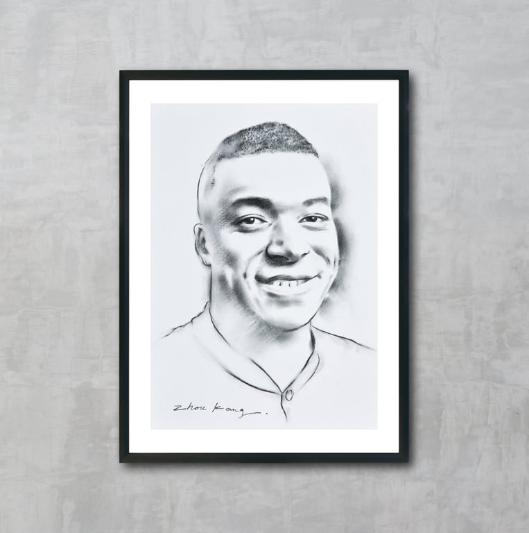 Kylian Mbappe Charcoal Drawing, 100% Hand-Drawn & One of a Kind