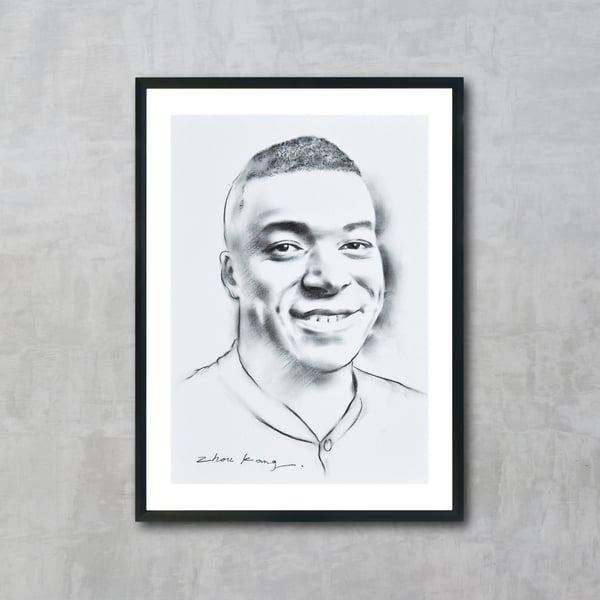 Kylian Mbappe Charcoal Drawing, 100% Hand-Drawn & One of a Kind