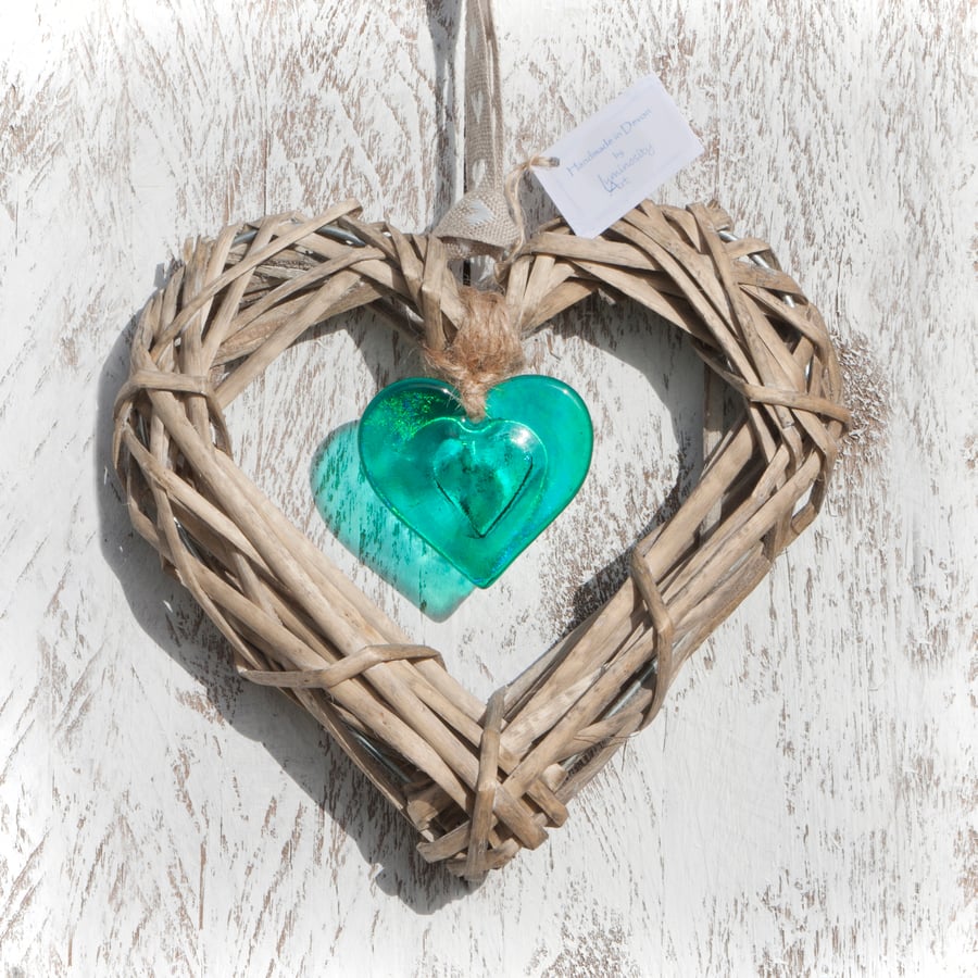 Wicker & Glass Hanging Heart - Emerald Green Iridescent