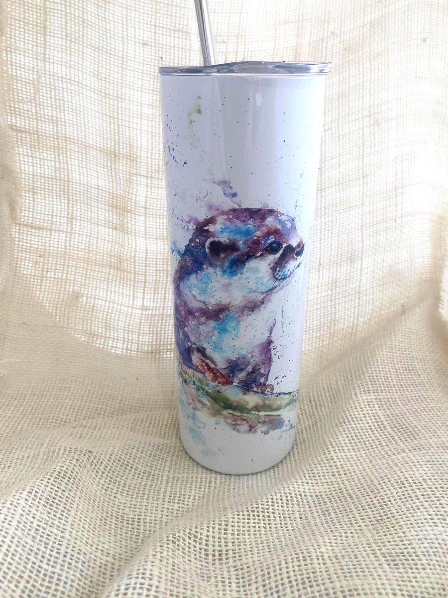 Otter Watercolor Tumbler: Insulated Stainless Steel Travel Cup with Straw