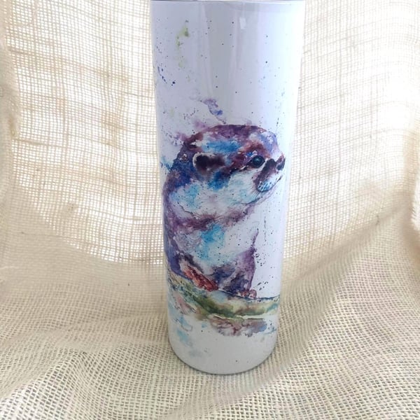 Otter Watercolor Tumbler: Insulated Stainless Steel Travel Cup with Straw