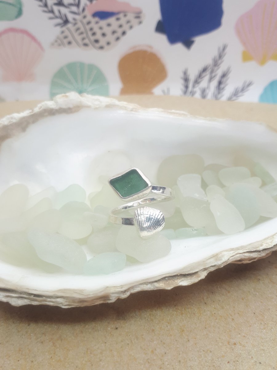 Light teal grey sea glass and cockle adjustable ring 