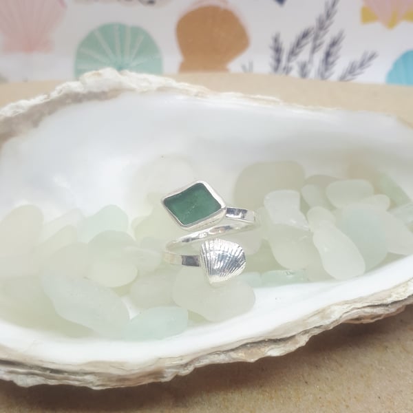 Light teal grey sea glass and cockle adjustable ring 