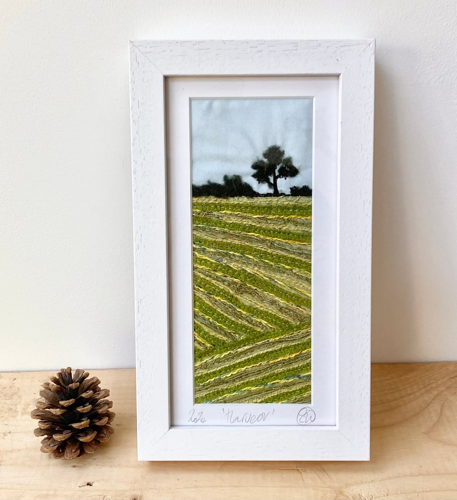 Framed embroidered rural scene harvested field landscape artwork, wall art. 