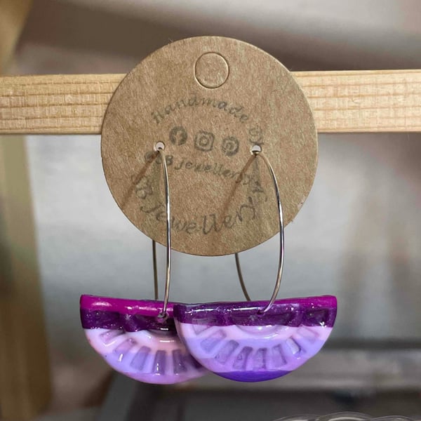 Handmade Polymer Clay Purple Stripped Hoop Earrings (30mm)
