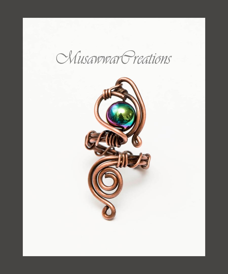 Blue Hematite Copper Ring ,Wire Wrapped Adjustable Ring, Handmade Statement ring