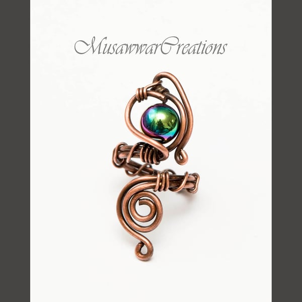 Blue Hematite Copper Ring ,Wire Wrapped Adjustable Ring, Handmade Statement ring