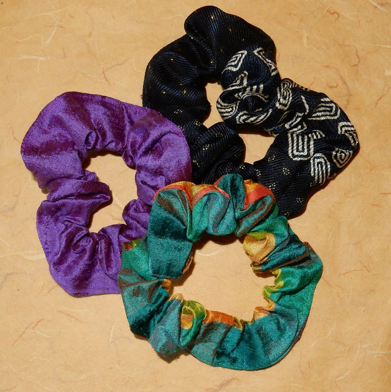 Silk scrunchies green, purple and navy