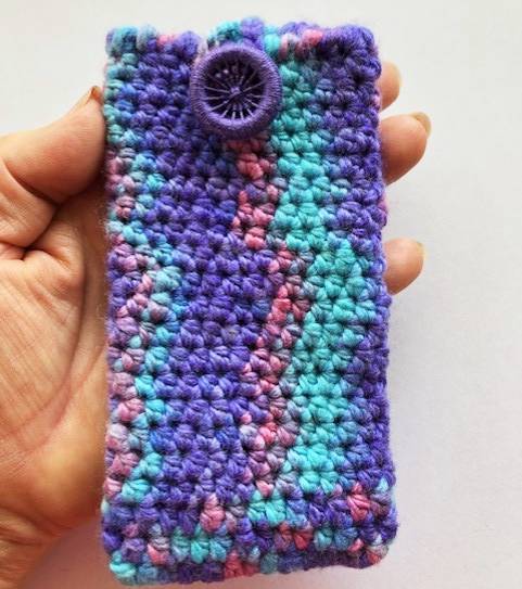 Glasses Pouch,  Crochet Merino, Dorset Button, Turquoise, Purple, Pink