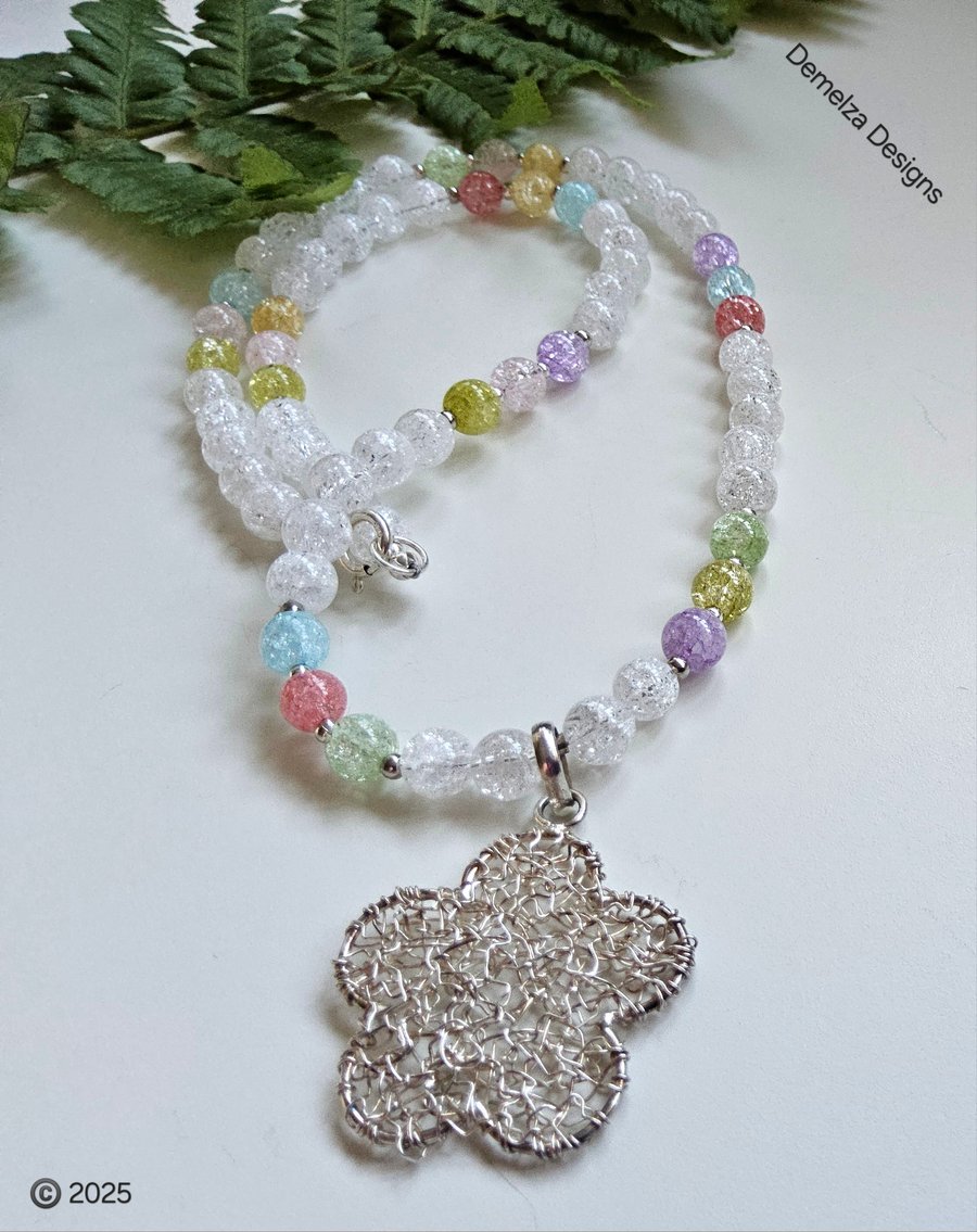 Crackle  Quartz Sterling Silver Flower Necklace