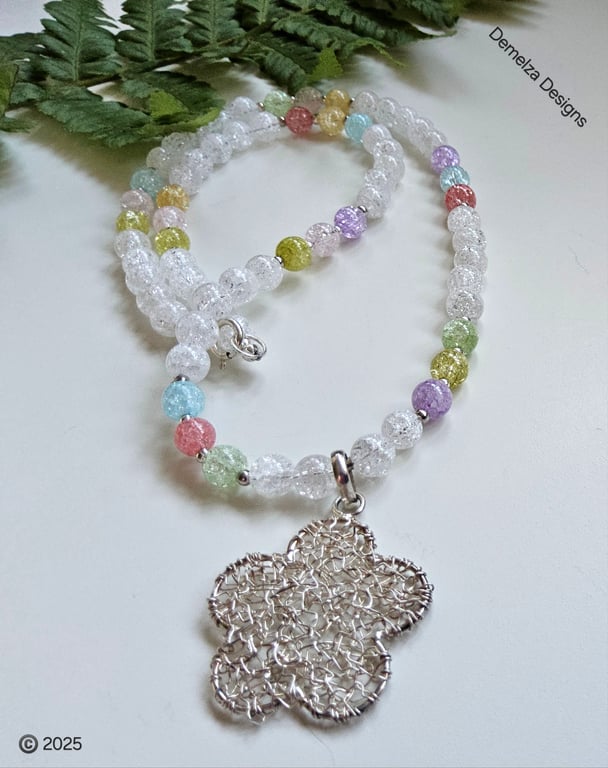 Crackle  Quartz Sterling Silver Flower Necklace