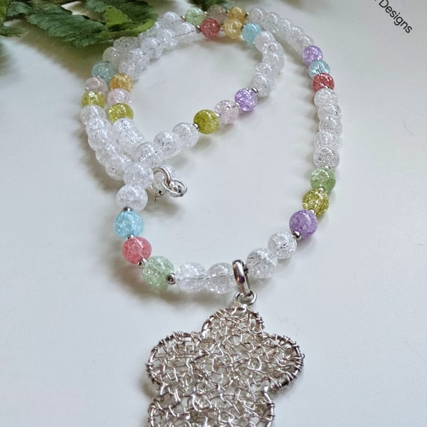 Crackle  Quartz Sterling Silver Flower Necklace