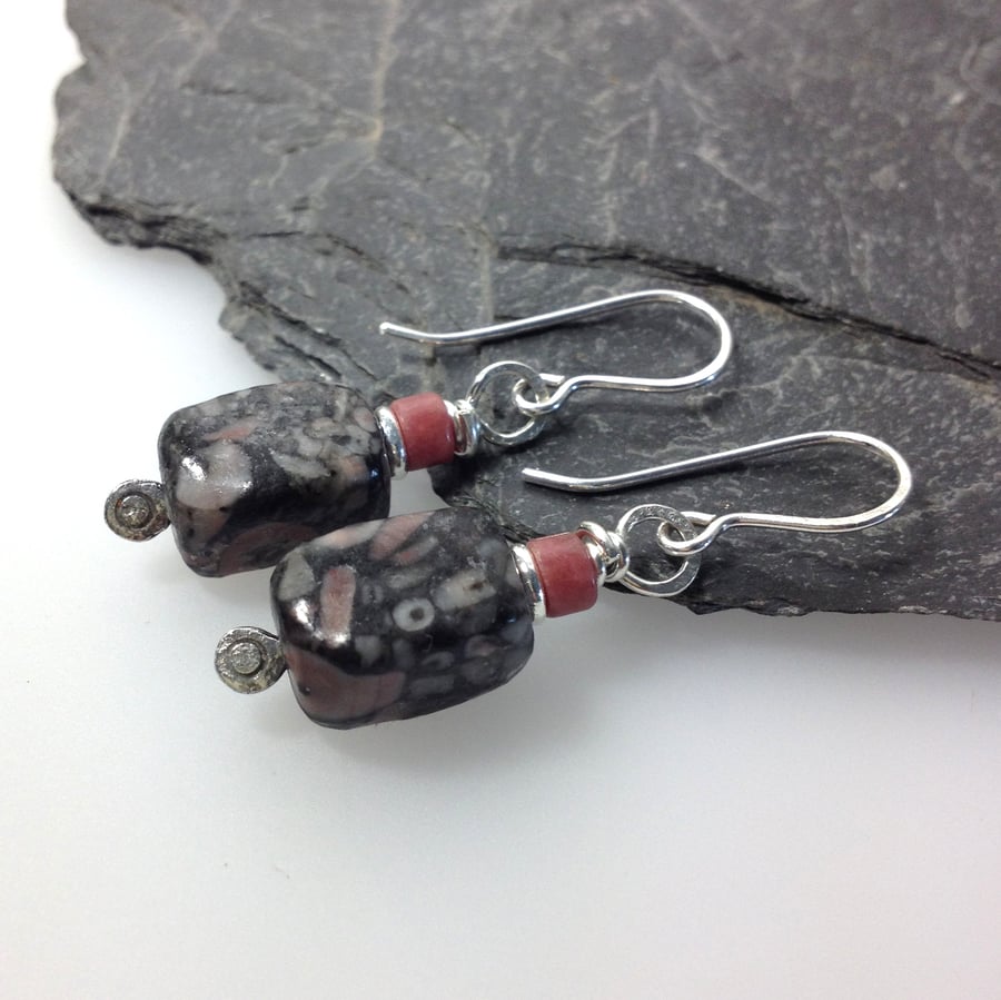 sterling silver crinoid fossil and rhodocrosite earrings
