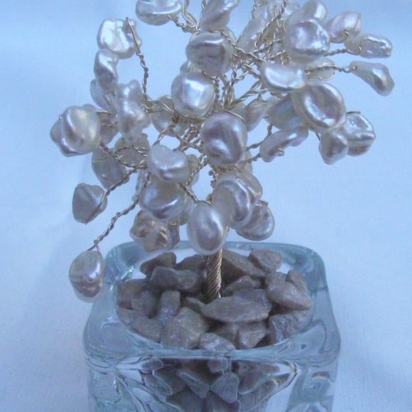 White Keshi freshwater pearl gemstone tree of life ornament.