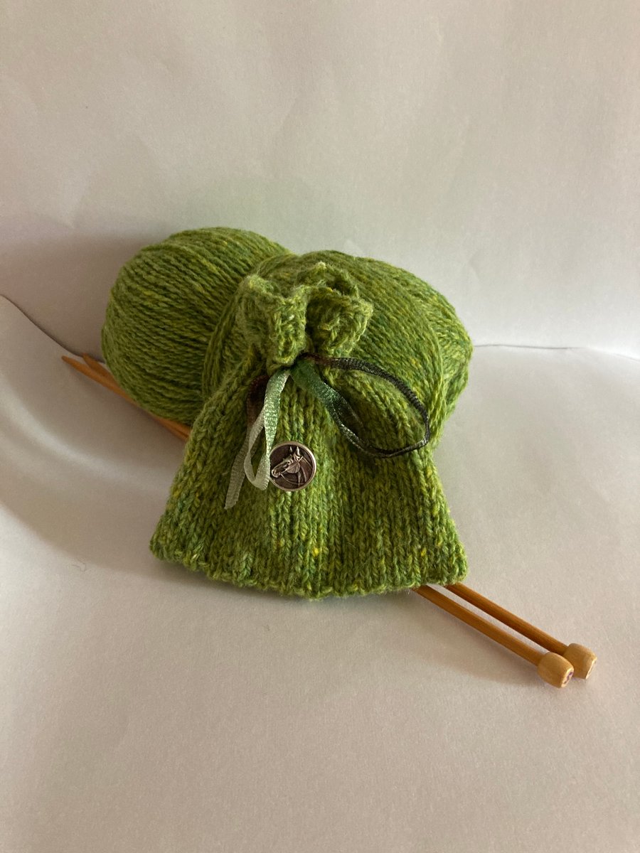 Hand knitted spruce green pure new wool gift bag