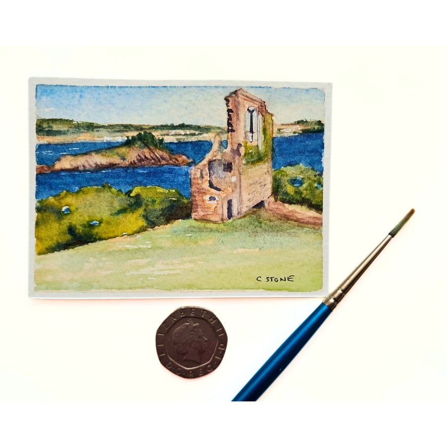 Original ACEO Watercolour, Mount Edgcumbe Folly, Cornwall  Miniature Painting