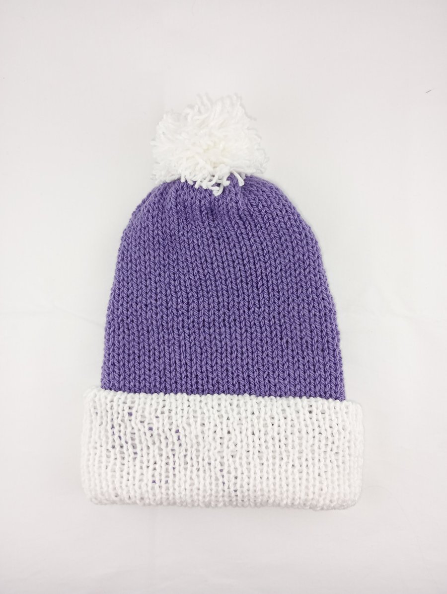 Ladies Winter Hat - Double Layered Knitted Bobble Hat In Purple & White