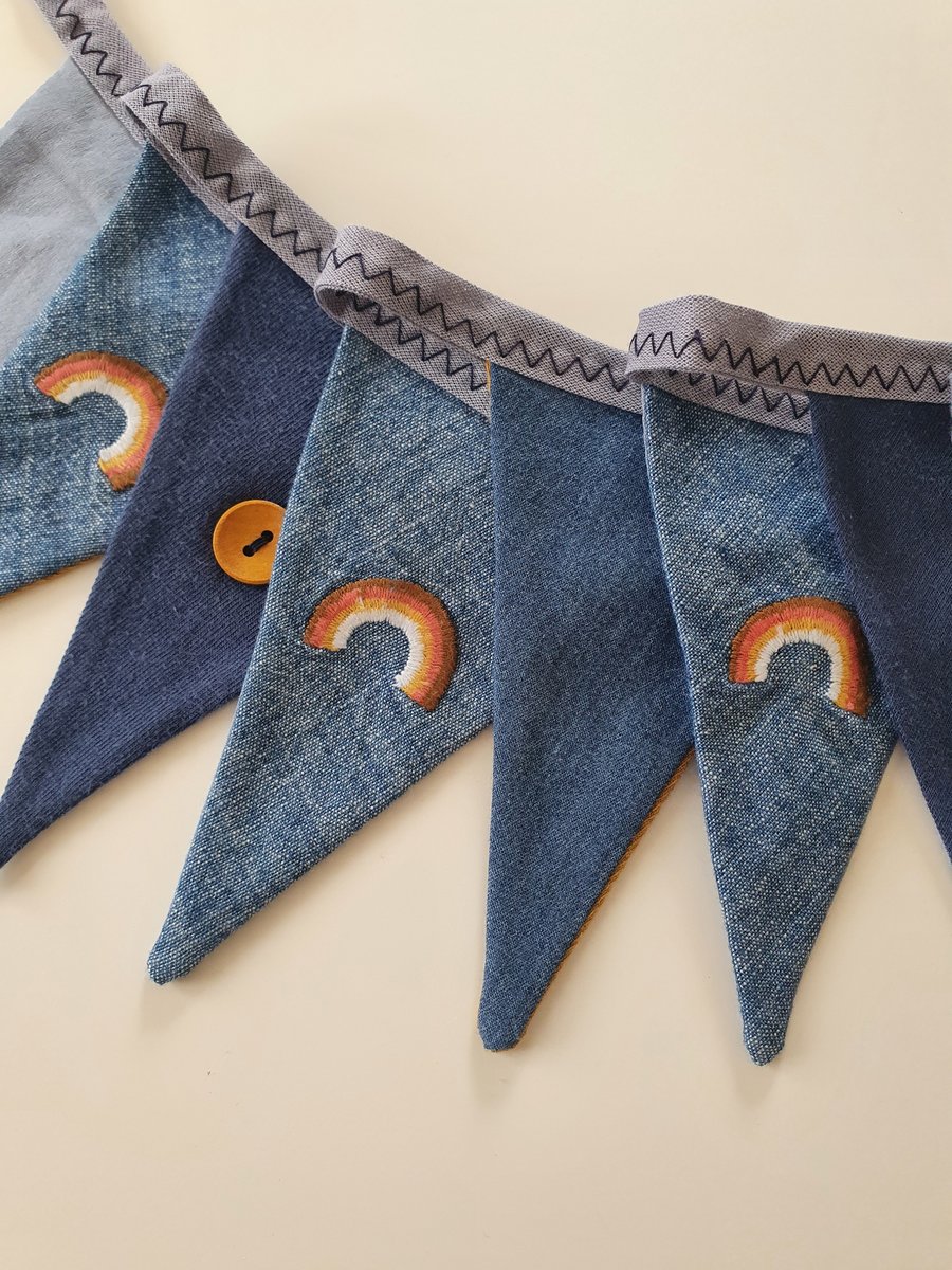 Delightful Rainbow Denim and Mustard Bunting on Grey Binding with Buttons