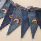 Delightful Rainbow Denim and Mustard Bunting on Grey Binding with Buttons