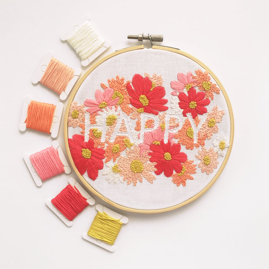 Happy Embroidery Kit - Floral Embroidery Kit, Hand Embroidery "Happy"