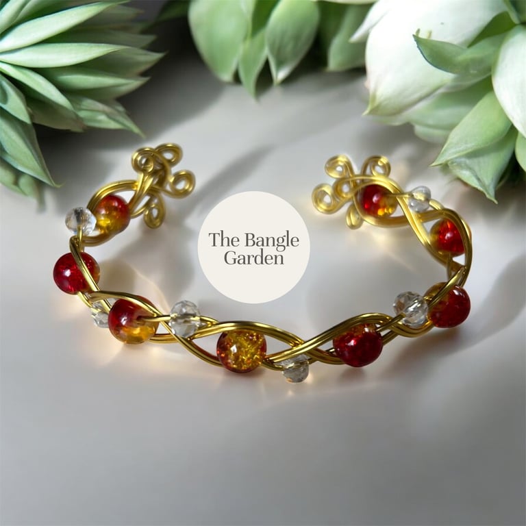 Wire wrapped gold & red and gold bead bangle