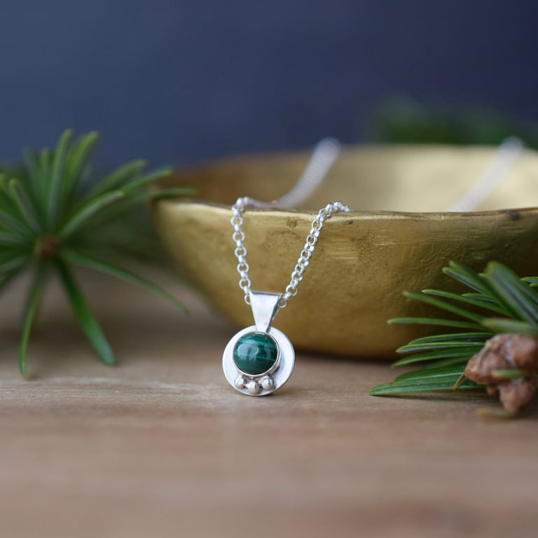 Malachite Stone and Sterling Silver Necklace
