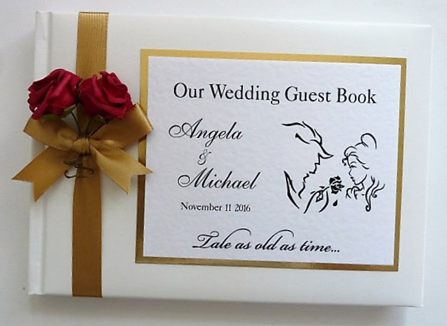Beauty and the beast wedding guest book, gold and white wedding book