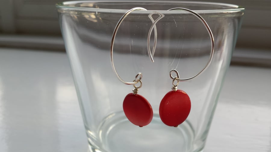 Red Shell Disc and Hoop Earrings