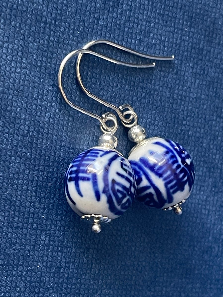 Chinese porcelain bead earrings. White, blue. Comfortable lightweight handmade