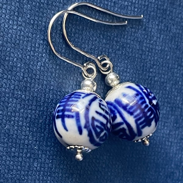 Chinese porcelain bead earrings. White, blue. Comfortable lightweight handmade