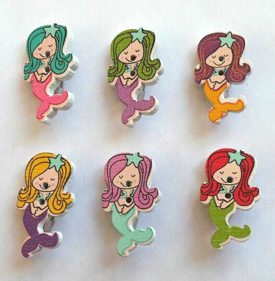 Mini Mermaid Wooden Button Brooch choice 6 colours