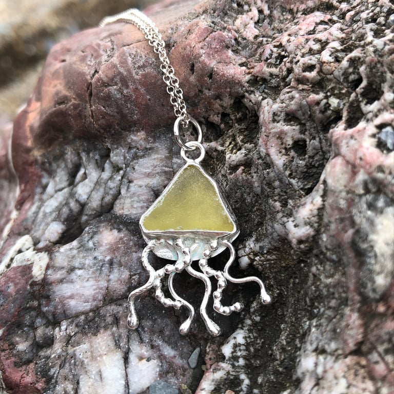 Olive Yellow Sea Glass and Sterling Silver Jelly Fish Pendant - 1230