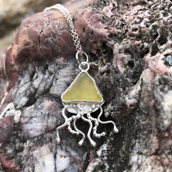 Olive Yellow Sea Glass and Sterling Silver Jelly Fish Pendant - 1230