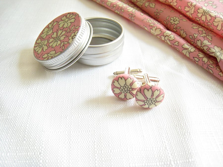 Bespoke Wedding Cuff Links. Liberty London fabric in matching tiny tin. Pinks.