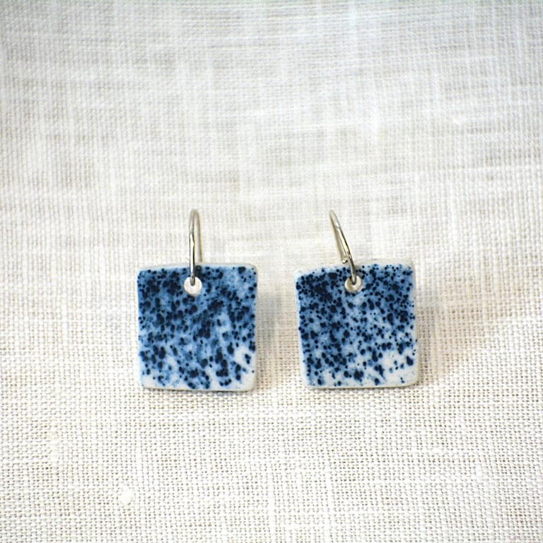 Square porcelain earrings with blue speckled detail