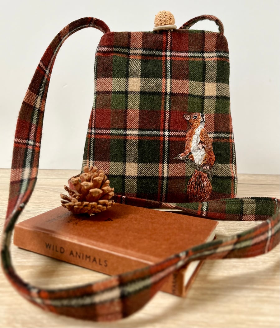 Small crossbody bag with hand embroidered red squirrel