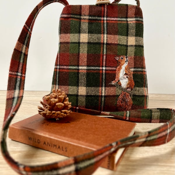 Small crossbody bag with hand embroidered red squirrel